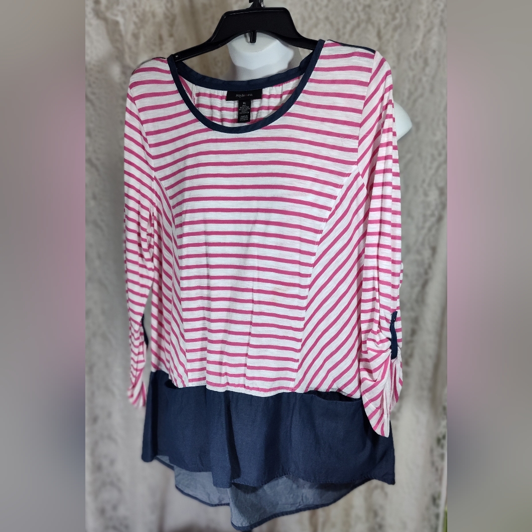 Style & Co Pink And White Striped Denim Blue Bottom Ruffle Long Sleeve Top Nwot